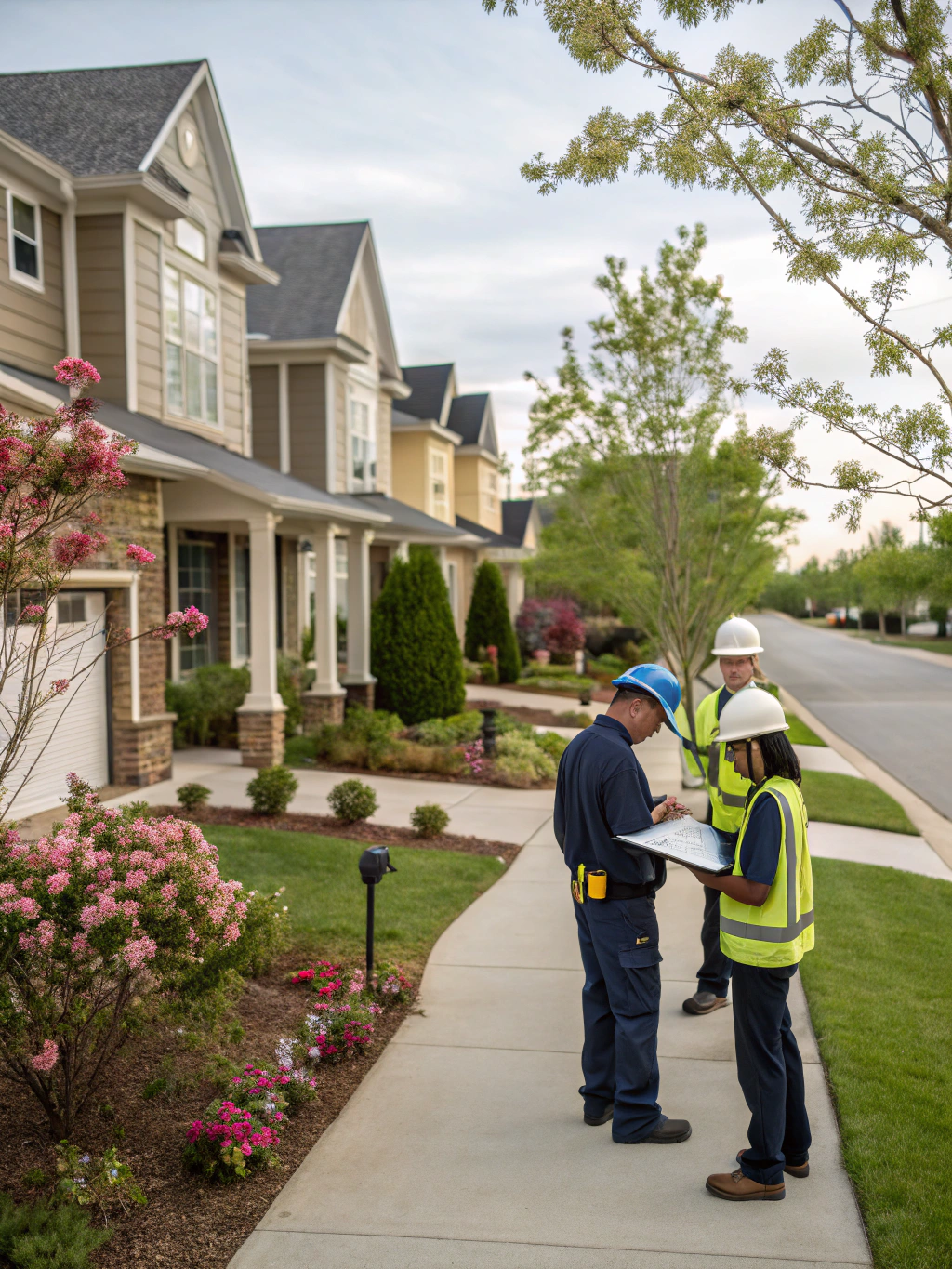 L&V Property Solutions team members inspecting exterior brickwork and grounds with precision surveying equipment