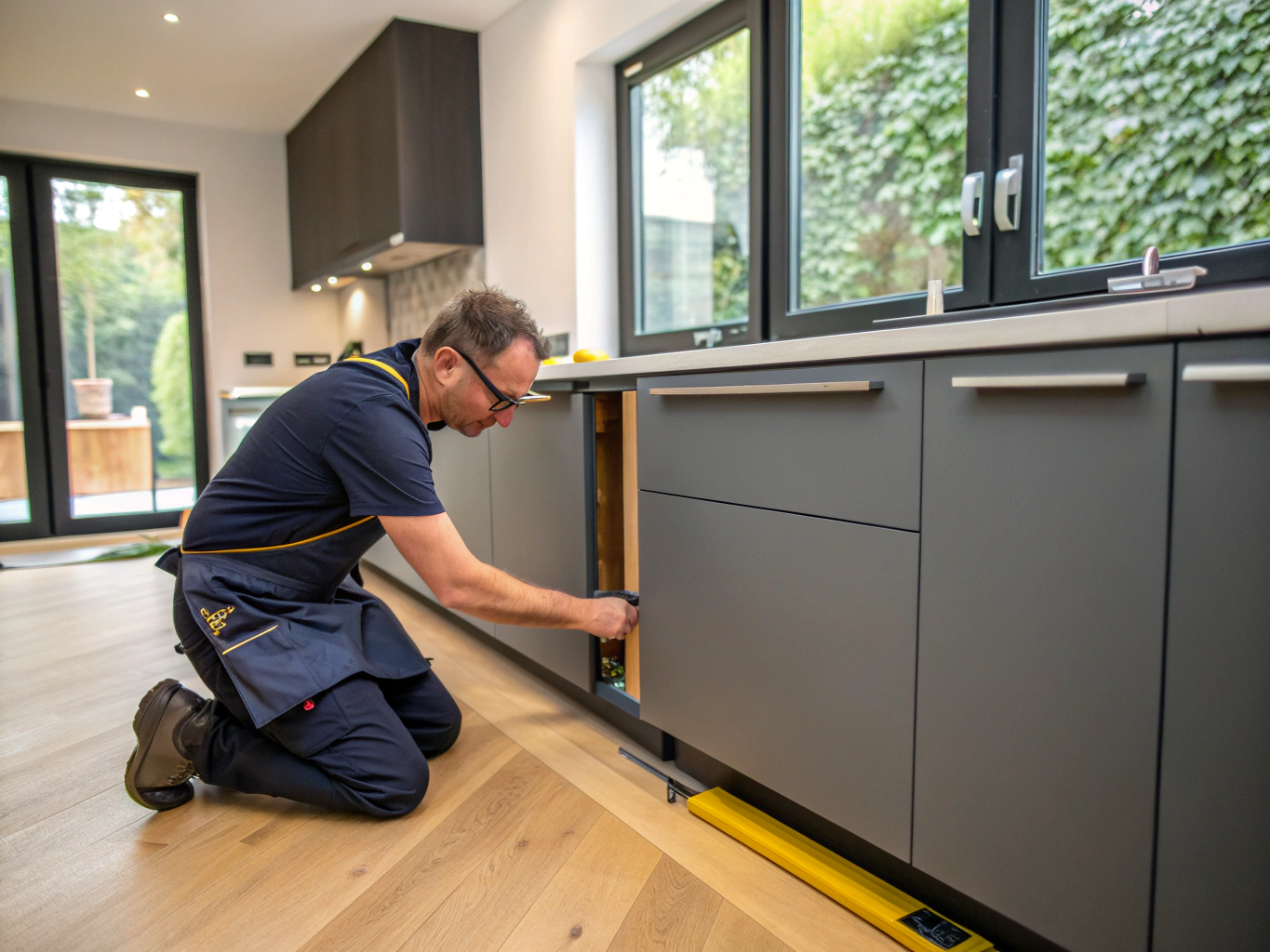 Carpentry technician fitting precision architectural hardware to an interior door