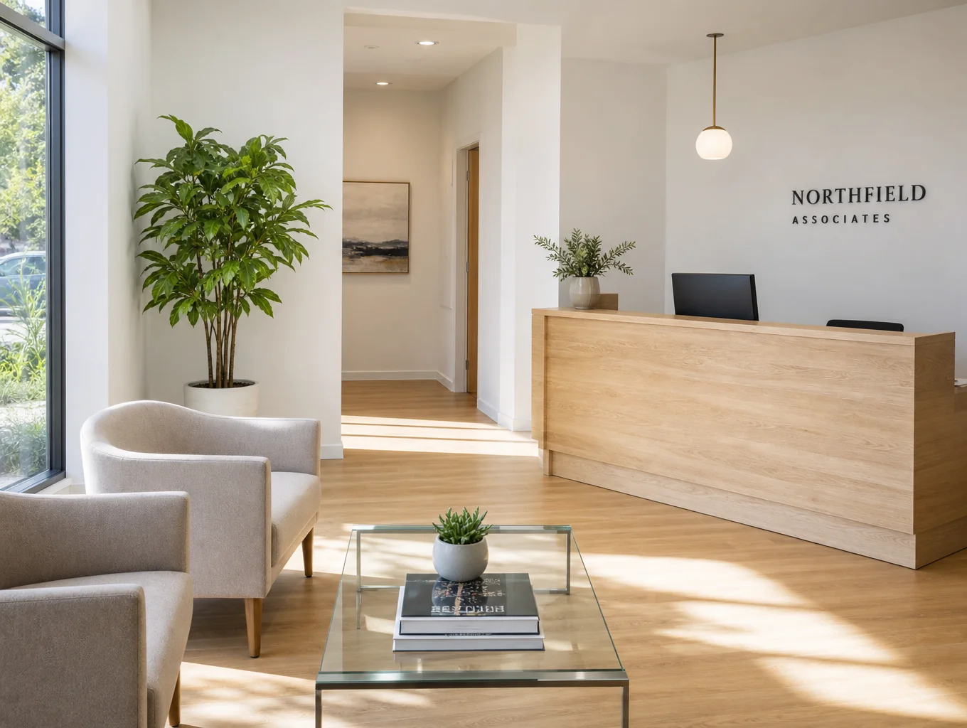 Modern commercial building reception area with architectural lighting and clean neutral paintwork