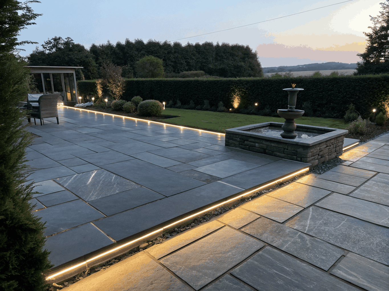 Contemporary London courtyard garden with dark slate paving and cedar batten screening