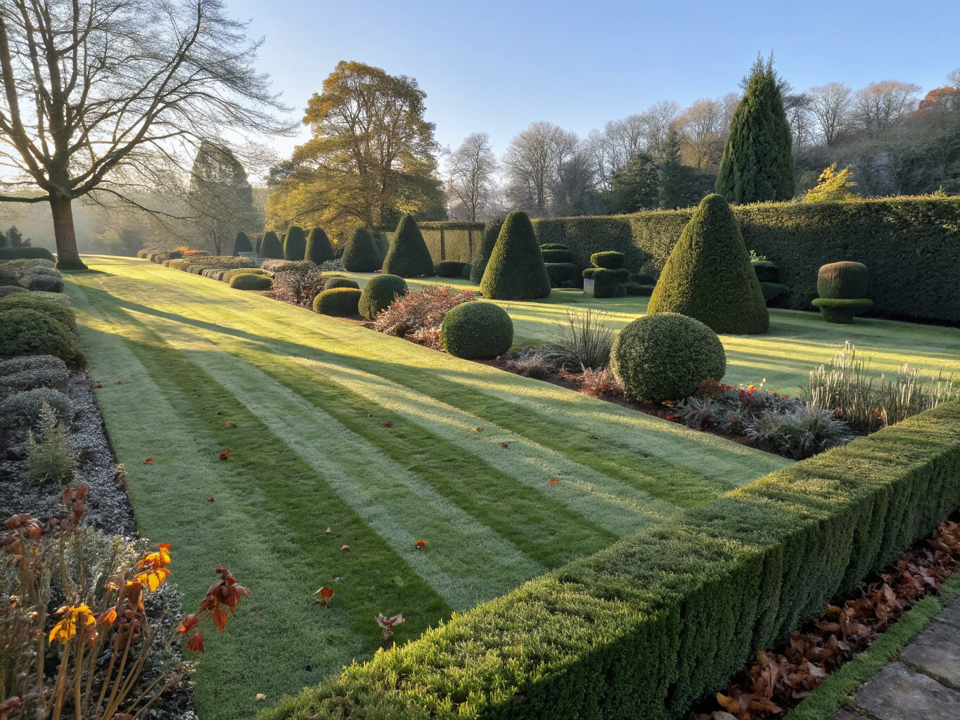 Neat boxwood hedging and manicured formal lawn on an executive London property