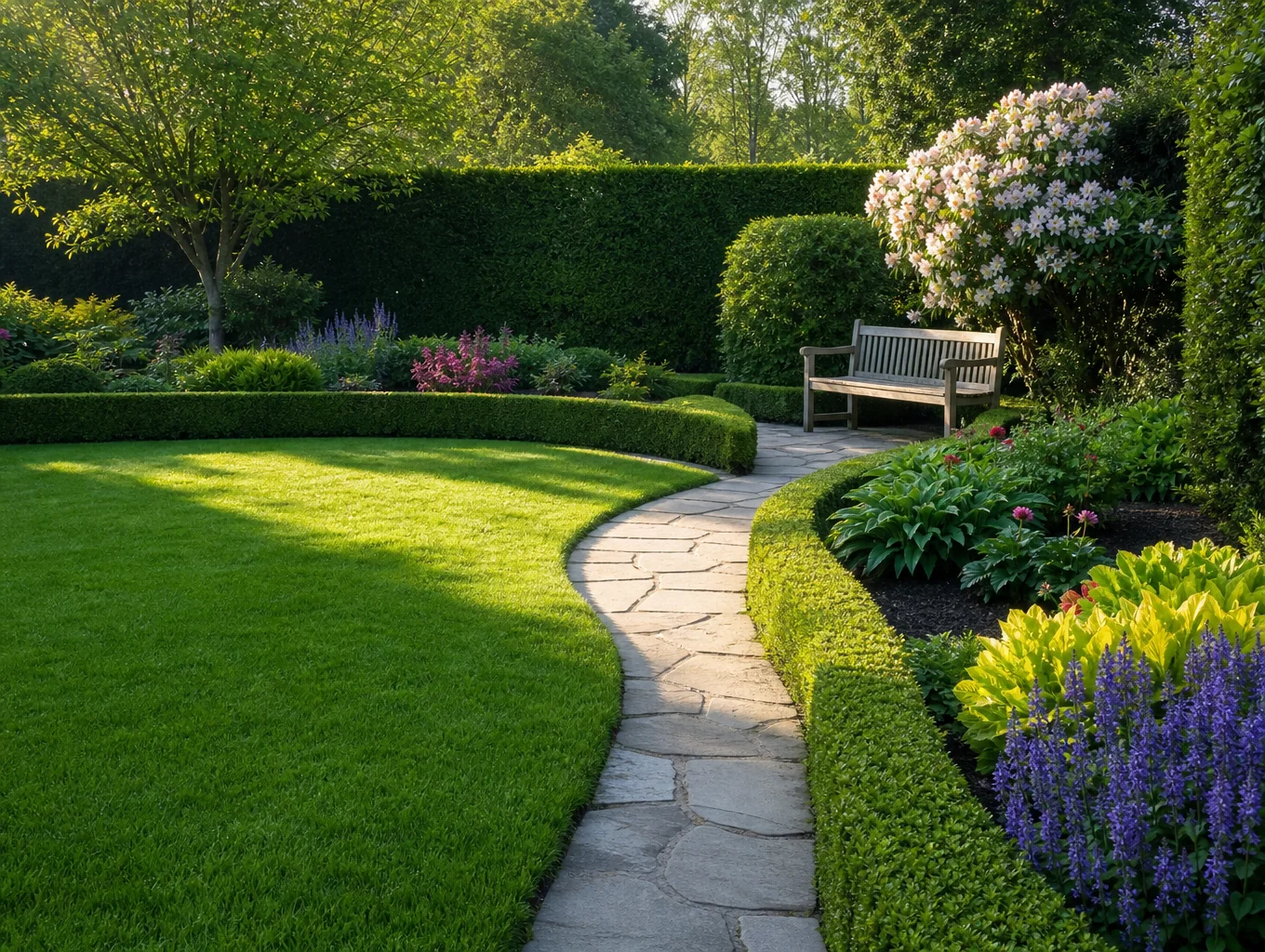 Manicured residential grounds featuring sharp formal hornbeam hedge lines and healthy lawn turf