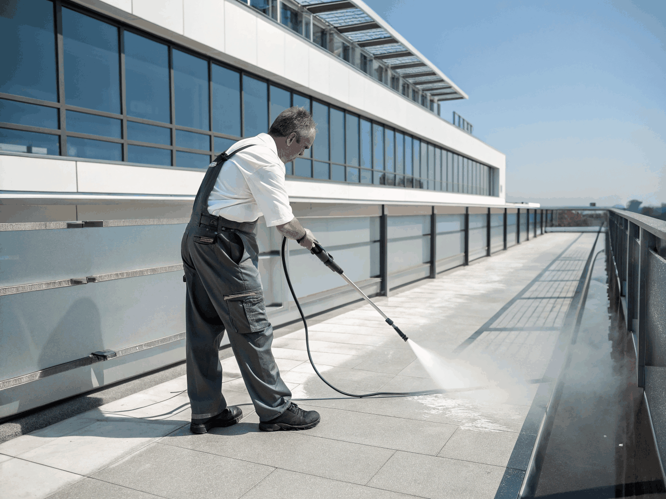 High-pressure washing reviving a natural stone patio terrace