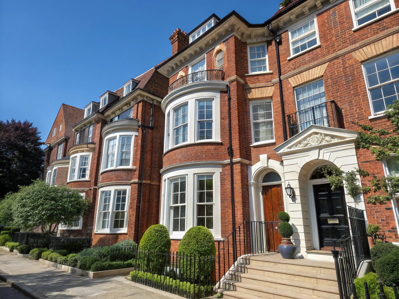 Period townhouse facade with freshly finished masonry and restored black timber sash windows